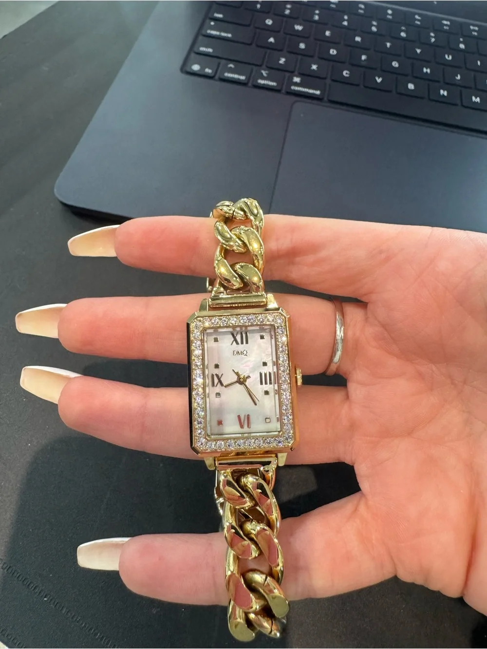 New DMQ Women’s Gold-Tone Rectangular Watch with Rhinestone Bezel and Bracelet
